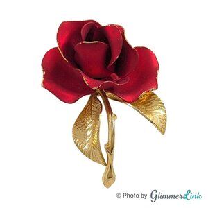 Vintage CERRITO Red Single Rose Enamel Gold Tone Brooch